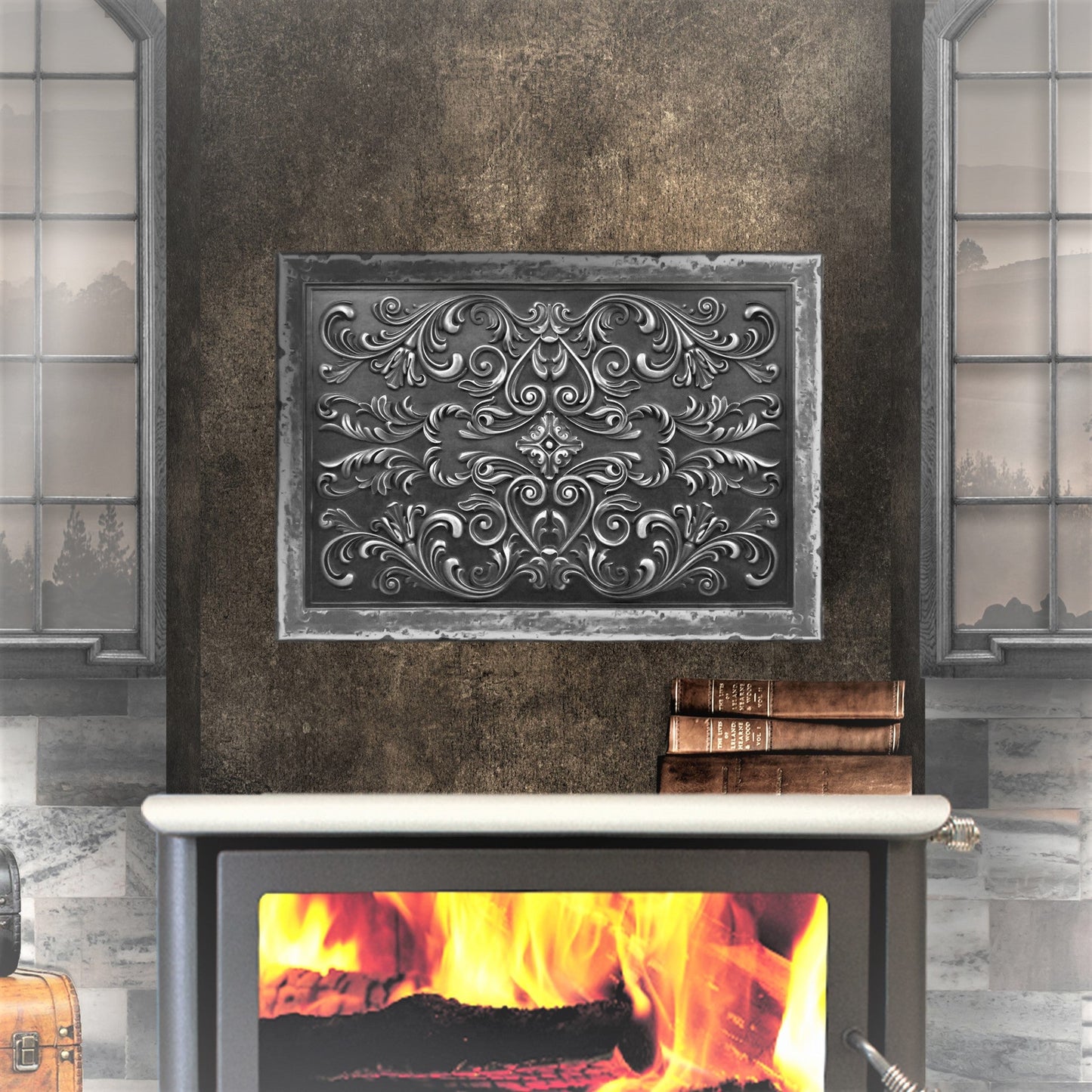 Backsplash Metal Tile Mural for Kitchen and Fireplace Wrought Iron Cypress 40cm. x 60cm.