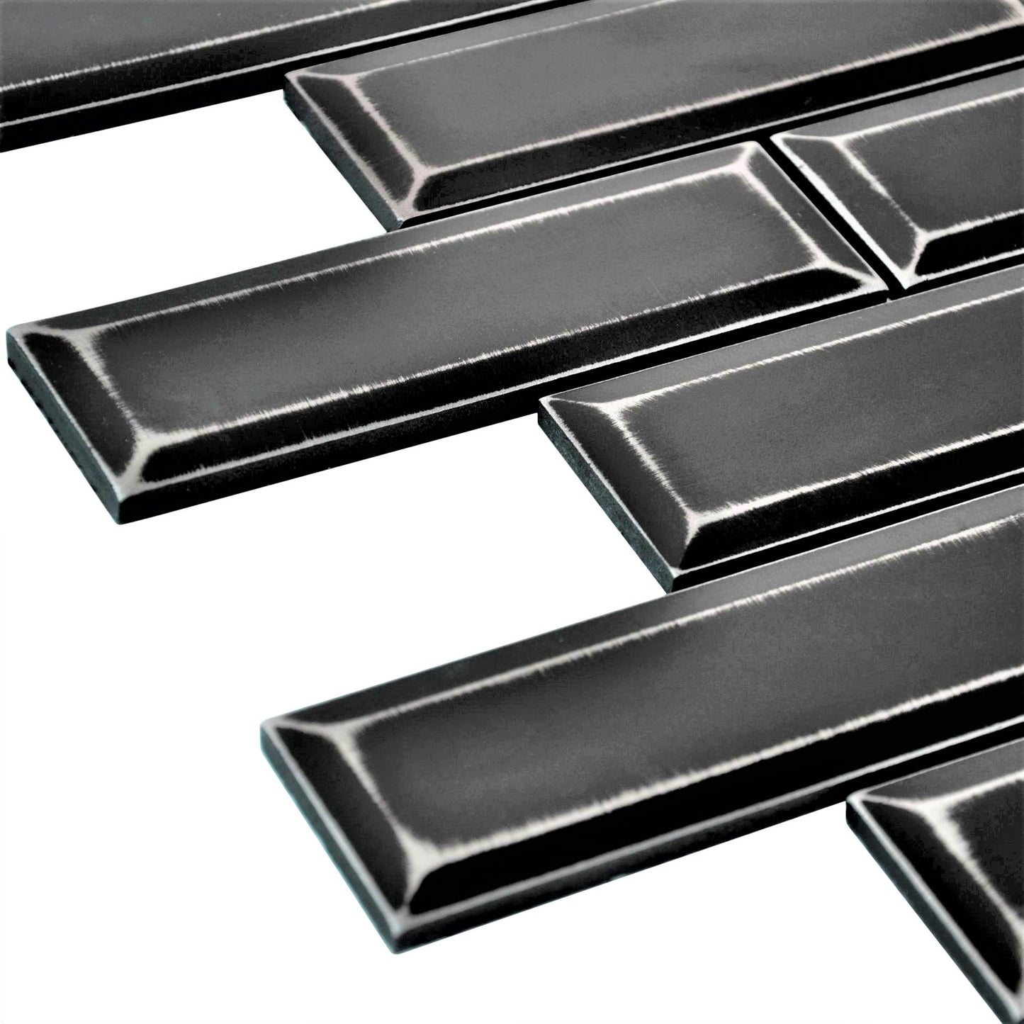 (5 Mosaic Sheets in Pack) Industria4.0 Metal Black Nickel 30.5cm x 30.5cm. Beveled Brick Mosaic Wall Tile