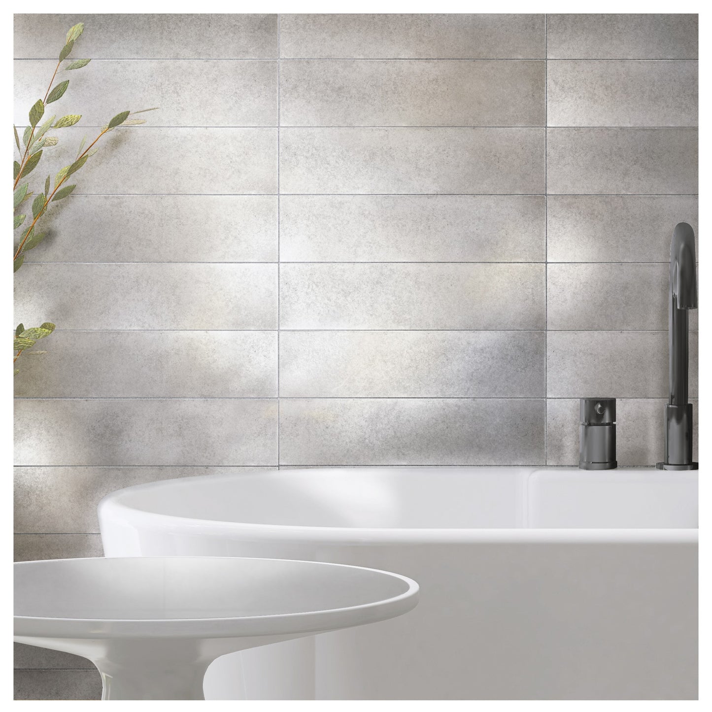 (6 Tiles in Pack)4 Encore Metal Antique Nickel 7.5cm x 30.5cm. Wall Tile